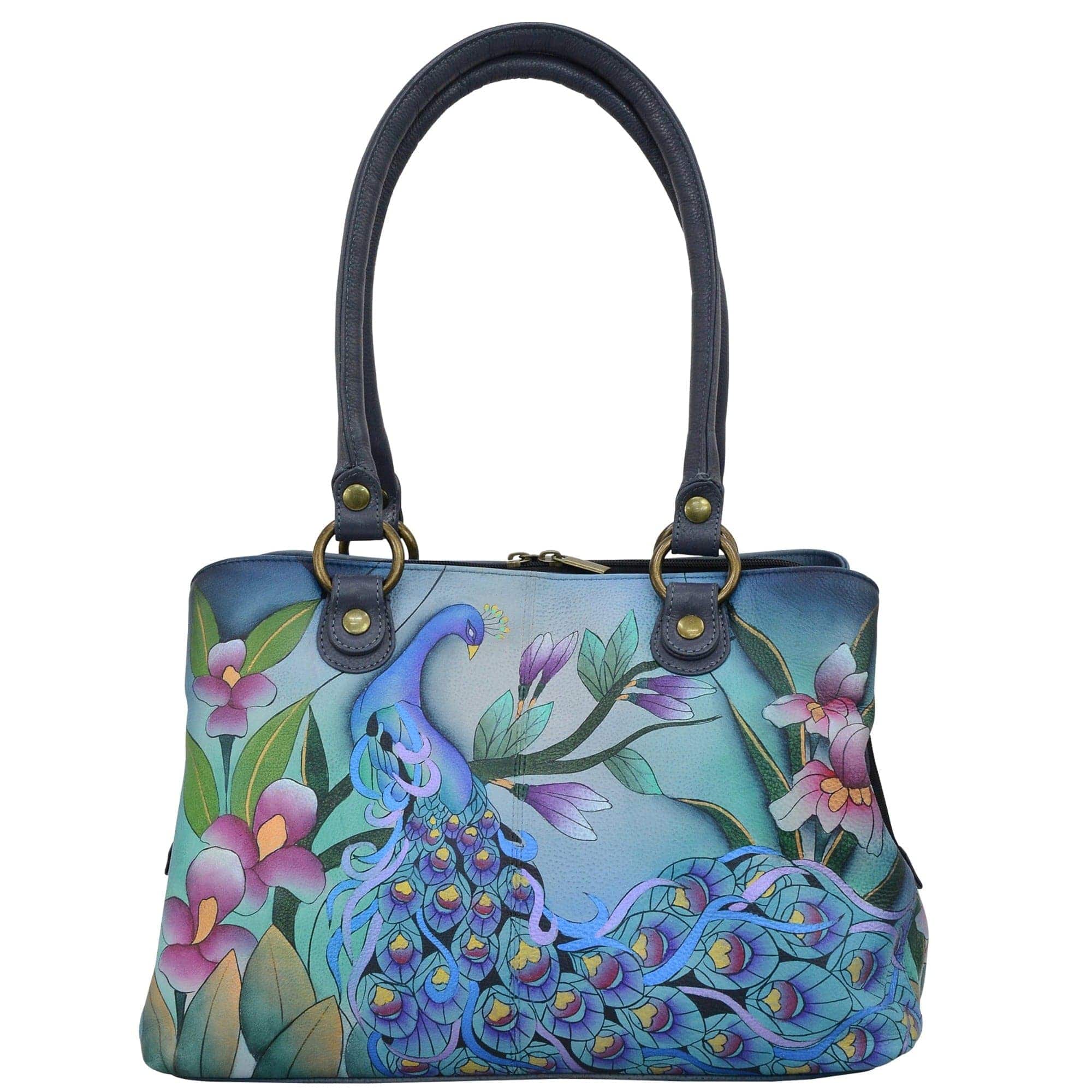 Anna by Anuschka style 8288, handpainted Multi Compartment Satchel. Midnight Peacock Grey painting in grey color. Featuring all round zip entry to central compartment and magnetic snap button entry to two compartments, Fits E-Reader, Fits tablet, Fits Laptop.
