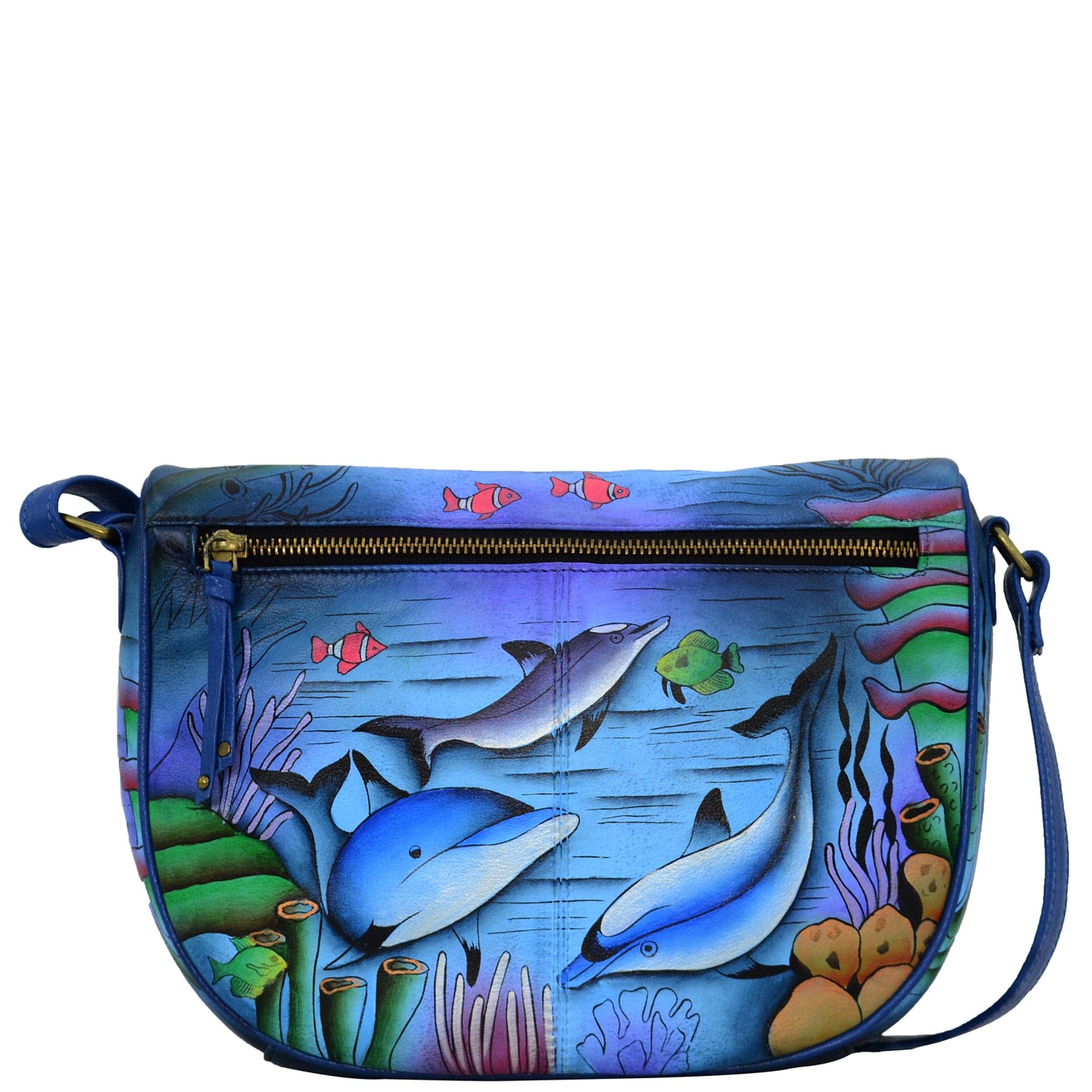 Anna by Anuschka style 8291, handpainted Medium Crossbody. Playful Dolphin painting in blue color. Featuring inside one zippered wall pocket, two multipurpose pockets, Hands-free.