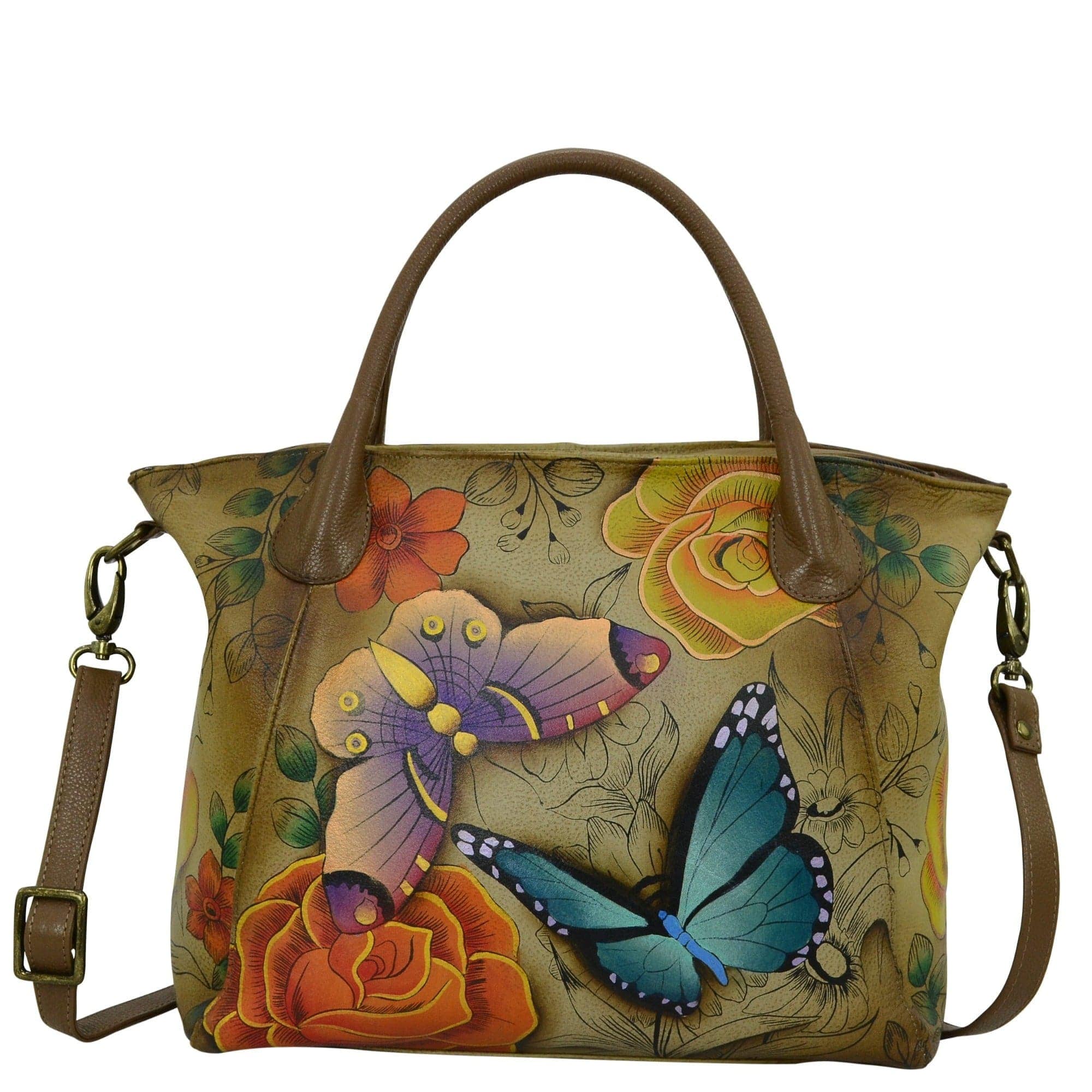 Anna by Anuschka style 8293, handpainted Slouch Tote. Floral Paradise Tan painting in tan color. Featuring fop zip entry to main compartment Inside one zippered wall pocket, Fits E-Reader, Fits tablet.