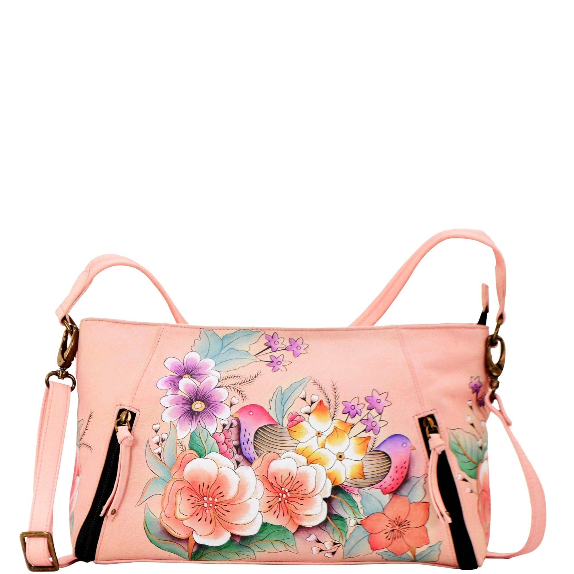 peach color. Featuring inside zippered wall pocket, two multipurpose pockets, Removable strap, Fits tablet.