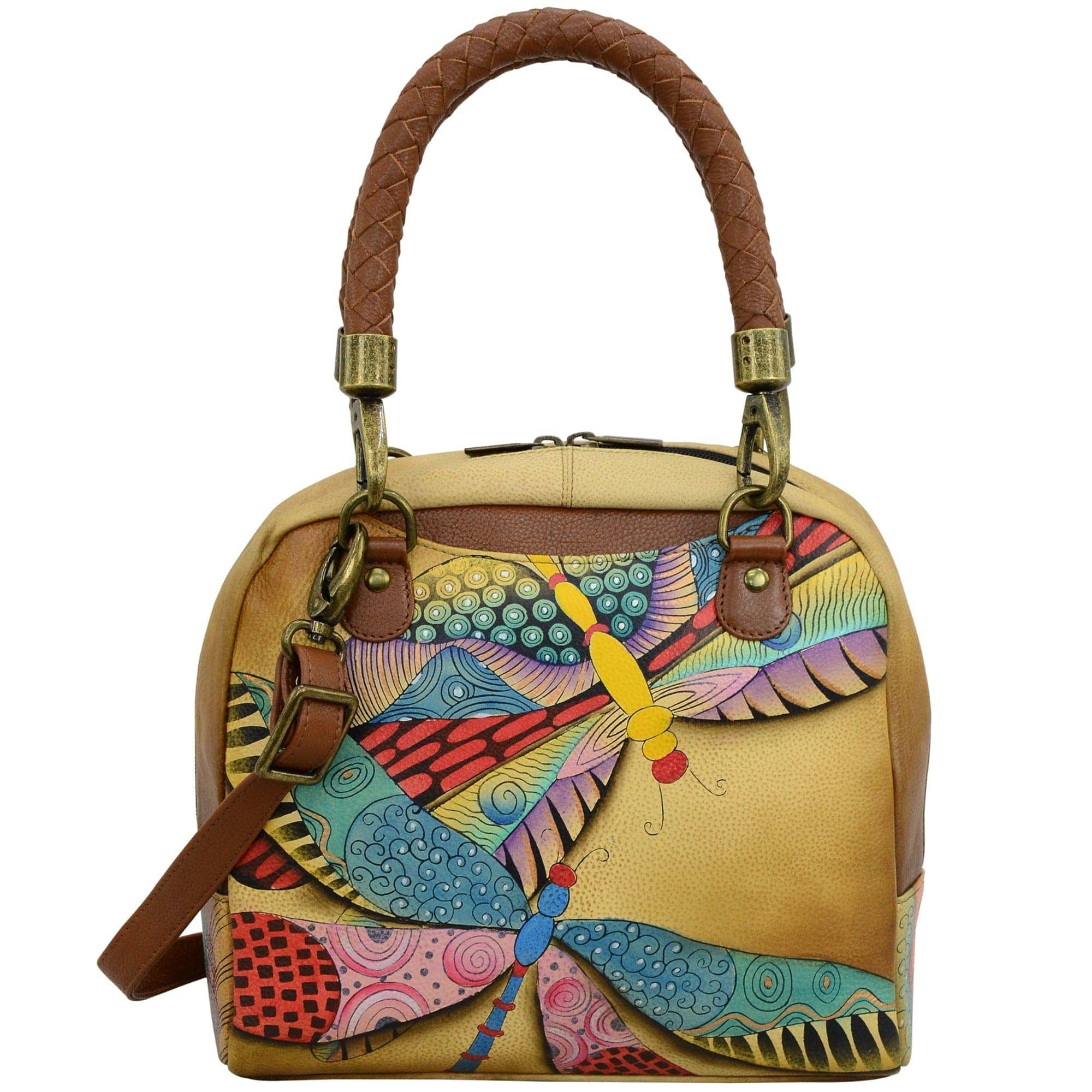 Anna by Anuschka style 8327, handpainted Medium Zip-Around Satchel. Dancing Dragonflies painting in tan color. Featuring two slip in pockets in front and back, inside zippered central compartment, zippered wall pocket and two multipurpose pockets.