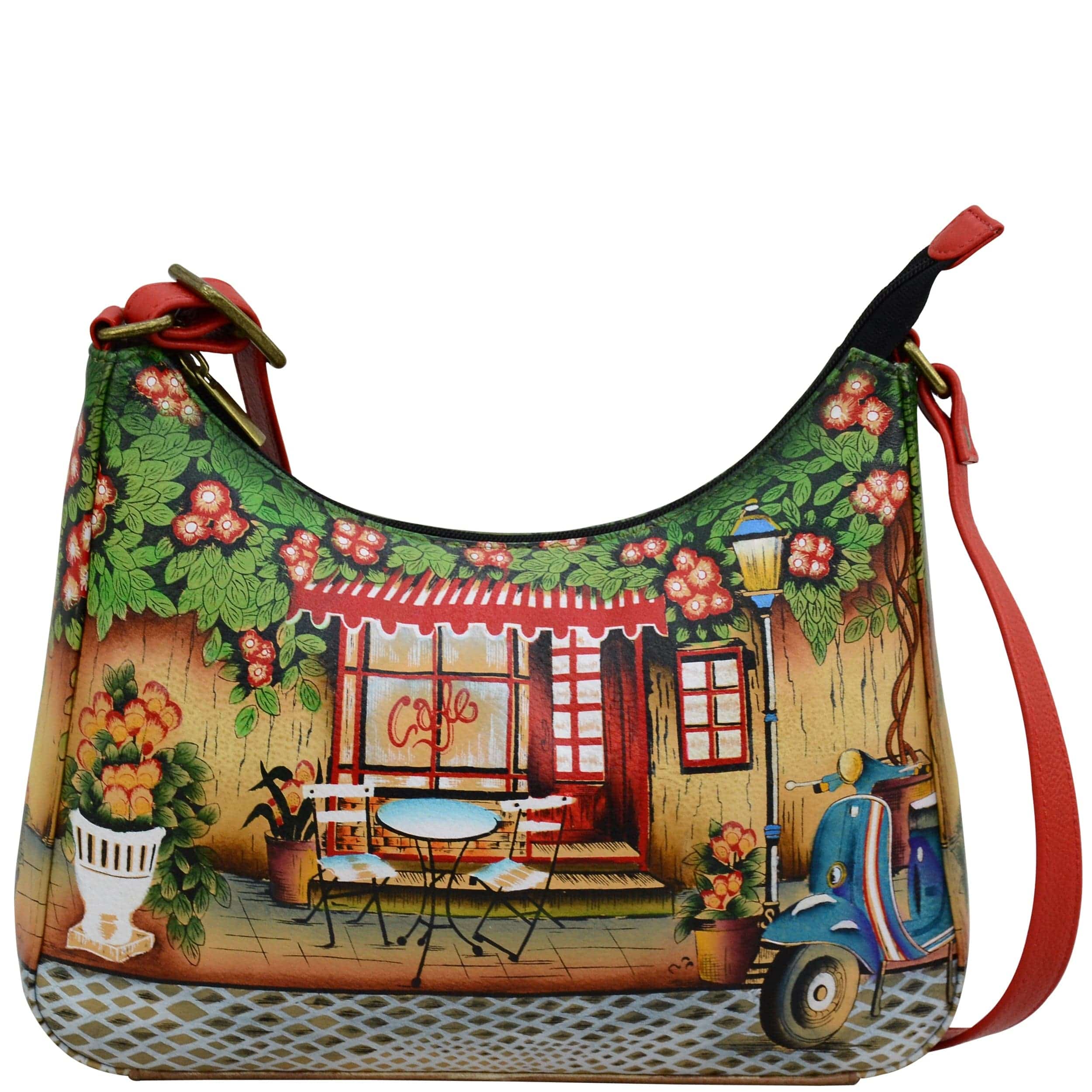 Anna by Anuschka style 8362, handpainted Large Hobo. Le Café painting in multi color. Featuring top zip entry to main compartment and inside zippered wall pocket, open wall pocket two multipurpose pockets.
