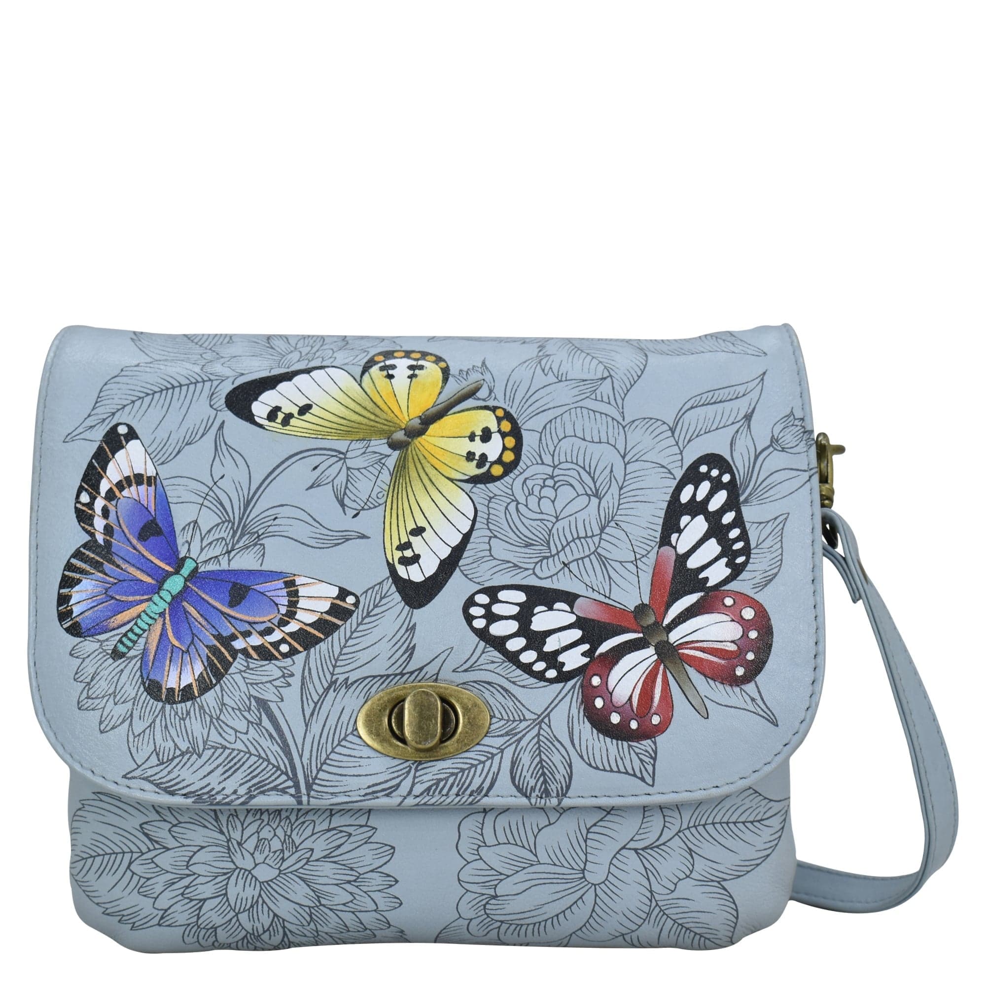 Butterfly Garden Blue Triple Compartment Flap Crossbody - 8428