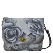 Romantic Rose Black Triple Compartment Flap Crossbody - 8428